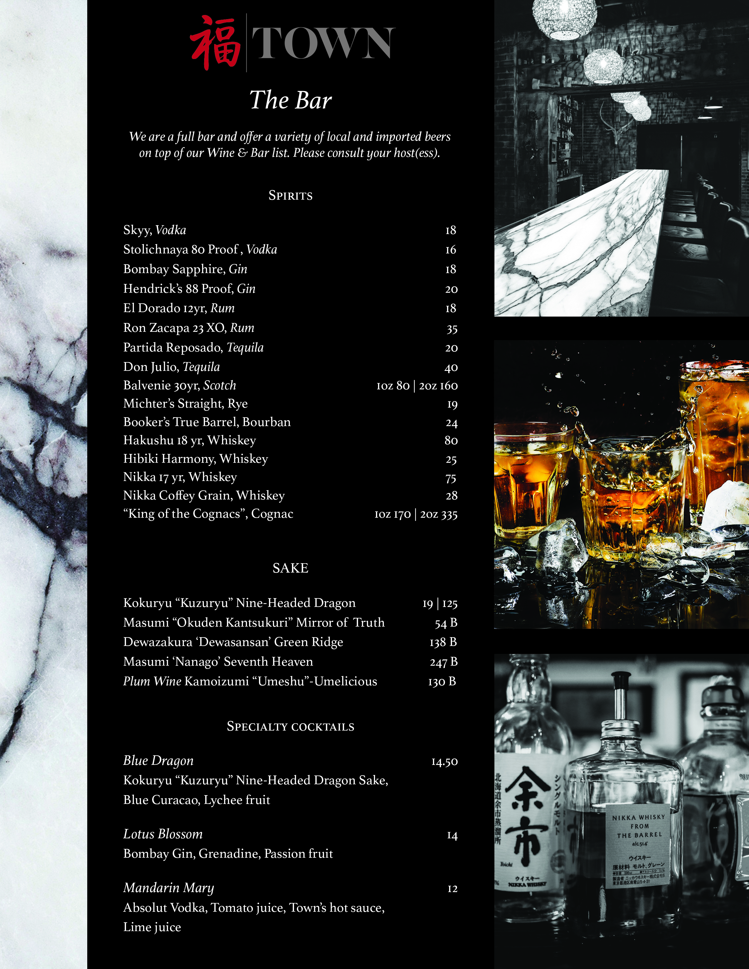 Spirits Drink Menu
