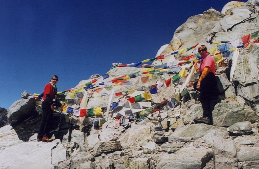 Stringing our prayer flags on the Cho La