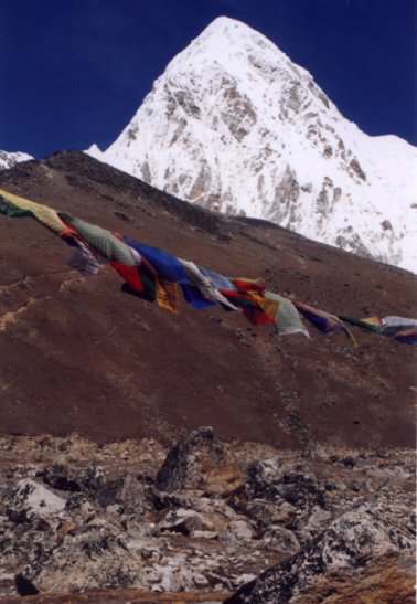 We add our prayerflags to the strings that line the edge of Khumbu Glacier