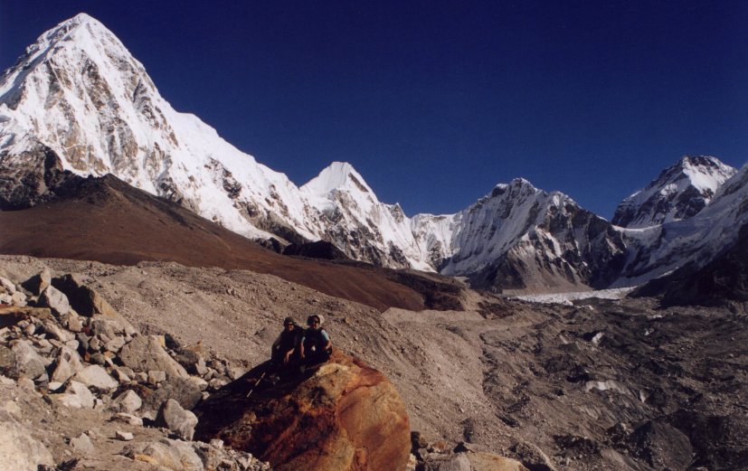 Kalar Pattar, which means 'black hill', with Pumori behind. The Khumbu Glacier is on the right of the picture. The saddle in the middle right is the Lho La. The mountain beyond that is in Tibet