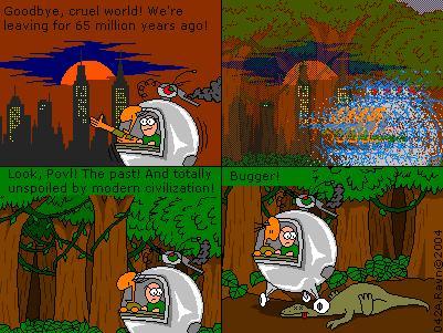 The background transition in frame 2 was surprisingly easy to do and looked great! Made me wanna do more time travel stories so I could use that effect again! The blur effect for the time machine itself looks pretty swell, too.