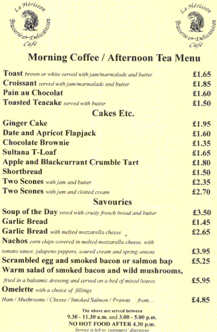 morning/afternoon menu
