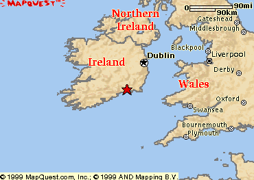 regional map of ireland and w. britain, centered on waterford city