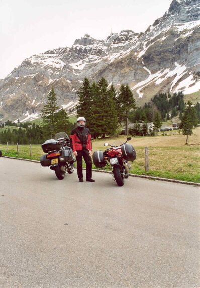 Mark and our bikes at our first stop on the
Schw&auml;galppass. The mountain in the background, with a weather station on
top, is the S&auml;ntis (2502m/8209ft).