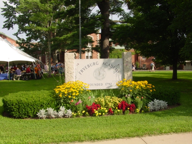Picture of granite sign, Fryeburg Academy founded 1792.