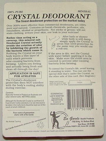 Crystal Deodorant Stone, Packaging, Rear Label