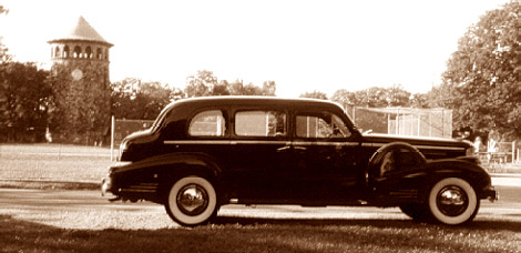 1936 Cadillac in front of Rockford Tower