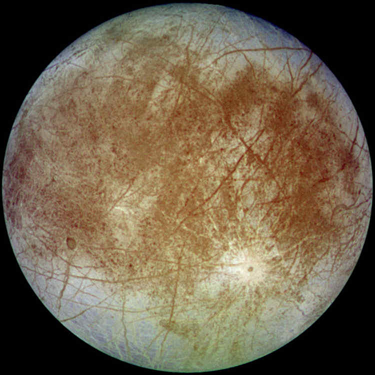 Europa in approximate natural colour. Imaged on 7 September 1996 by Galileo spacecraft. Europa in approximate natural colour. Imaged on 7 September 1996 by Galileo spacecraft.