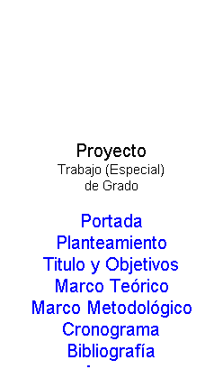 Cuadro de texto: Proyecto
Trabajo (Especial) 
de Grado
&nbsp;
Portada
Planteamiento
Titulo y Objetivos
Marco Te�rico
Marco Metodol�gico
Cronograma
Bibliograf�a
Anexos
