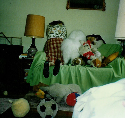 Frosty and Mom looking over the side of the couch at all the toys hidden behind it