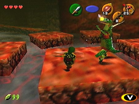 Young Link battles two Lizalfos' over a lava pit