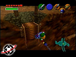 Link uses his longshot to get across the broken bridge