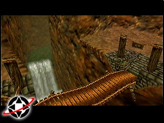 A bridge crosses a waterfall into Gerudo Valley