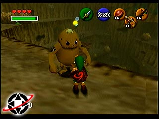 Young Link stands in front of a Goron