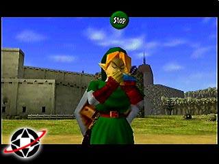 Adult Link plays his Ocarina in front of the castle