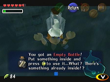 Link finds a bottle with a note inside at the bottom of the lake
