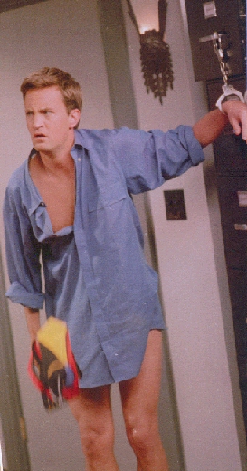 Chandler fooled around with Rachels boss at Bloomingdales... it's a long story, why don't you check the script from TOW the Cuffs, season 4