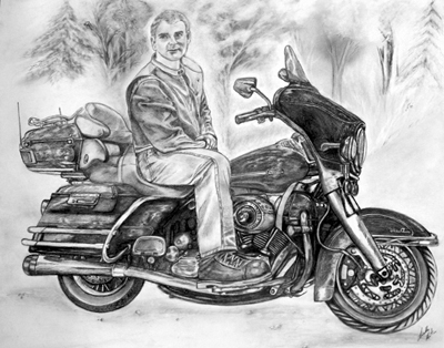Drawing of a man on his motorcyle, Harley Davidson.