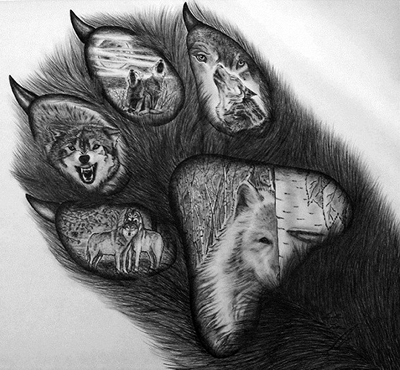 Drawing of a wolf paw images of wolves within the paw. 
