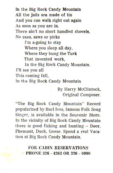 Big Rock Candy Mountain pamphlet - back