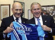 Israel's Prime Minister Ehud Olmert and U.S. President George W. Bush in Jerusalem on January 9, 2008.