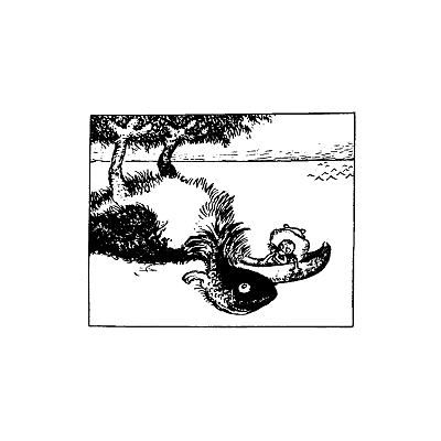 Bird carrying something in it's beak?&nbsp; OR an island with tree and a boat?