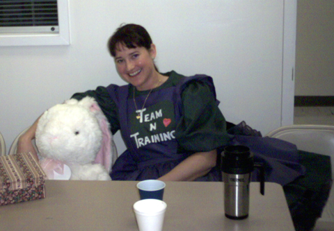 Robin hanging with the mascot Easter bunny.  (He was supposed to be a raffle item, but she kept him!)