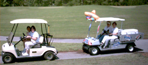 Robin and Shelly and Crazy Beer Cart Girl (Heather!) in the Fiesta Cart!