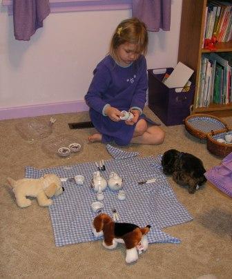 Bethan enjoys a teaparty with her Webkinz dogs