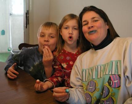 Celebrating Aunt Amy's birthday by coloring our lips with malted eggs