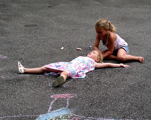 Bethan and friend do chalk tracings