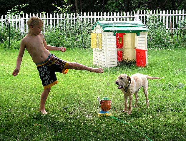 The boys in the sprinkler