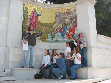 Several of our group imitate a mosaic in Berea dedicated to the apostle Paul