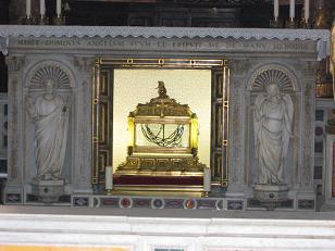Tradition says that these chains once bound Peter and "miraculously" reunited after some years of separation.