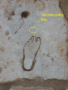 Advertisement for the brothel in Ephesus.&nbsp; The left foot means it is on the left side of the street.&nbsp; The intersecting lines indicate that it's at the intersection.&nbsp; The heart and the woman tell about the place ahead and the box below the woman had the price.