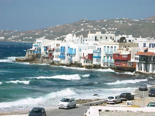 This area is known as Little Venice on Mykonos.&nbsp; I took this on the first day and you can see the waves which our boat went through.