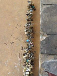 These locks hang on a cable off of the Ponte Vecchaio.&nbsp; We were told that couples who become engaged here add a lock to the collection.