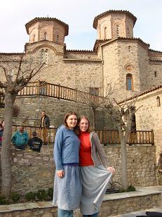 Emily and Lindsey at Varlaam.&nbsp; The girls were not allowed to wear pants in the monastery, but were issued a skirt to wear over their pants at the entrance.