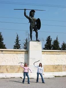 Allison and Keli have fun imitating the Spartan soldier.