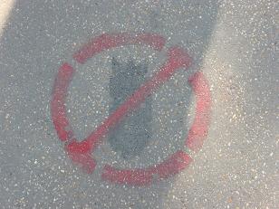 Scattered throughout city sidewalks and walls are various painted messages or pictures such as this one.