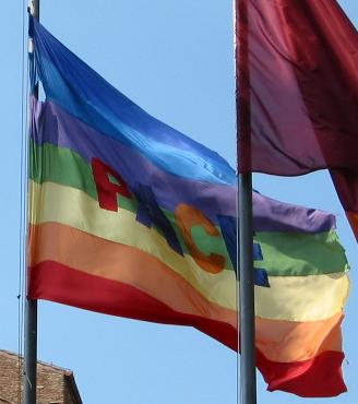 This PACE (Peace) flag flew alongside the Italian flag at a government building.&nbsp; Many others flew from the windows of apartments.