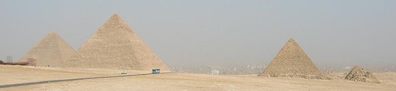 The Pyramids of Giza.&nbsp; From left to right (and largest to smallest) Cheops, Chefren, and Mycerinus.&nbsp; This is the only surviving wonder of the ancient world.