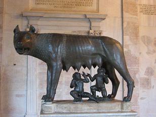This bronze piece depicts the legend of the she-wolf who nursed Romulus and Remus--the brothers who founded Rome.