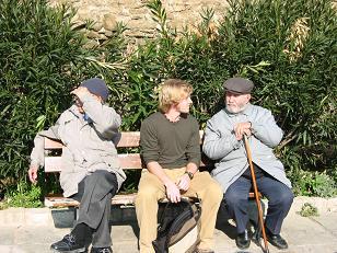 Mark chats with a Greek man near the old Thessaloniki walls.