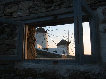 View of the windmills through a neat little window I found.&nbsp; I think this is one of my favorite pictures that I took.