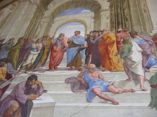 This is Rafael's "School of Athens."&nbsp; In the lower left hand corner is Michelangelo.&nbsp; Several other well known people are also in the painting.