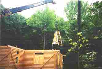 log home construction, roof truss installation