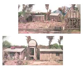 Two views of the Log camp at Broughton Vale. Above is the bunkhouses and loco service area, below the kitchen, camp water tank, and dining hut.