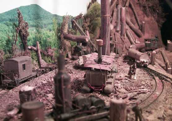 Small machines on small tracks hauling big timber. The Bushmill loco spots an empty train as the Climax leads a loaded log train downgrade toward Broughton Creek