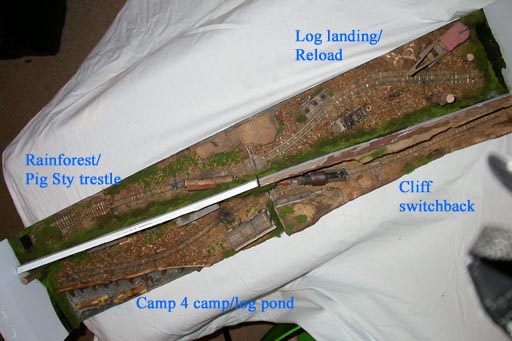 Aerial overview of assembled layout. Note the Joe Works Shay and 2 car log train sneaking through the centre viewblock.